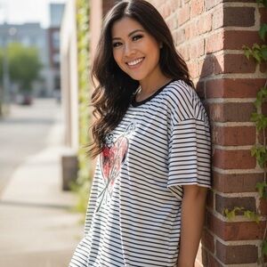 torrid Black & White Striped Tee with Red Heart Graphic